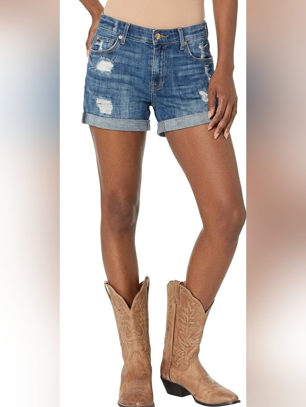 7 For All Mankind Distressed Dark Blue Cuffed Denim Shorts